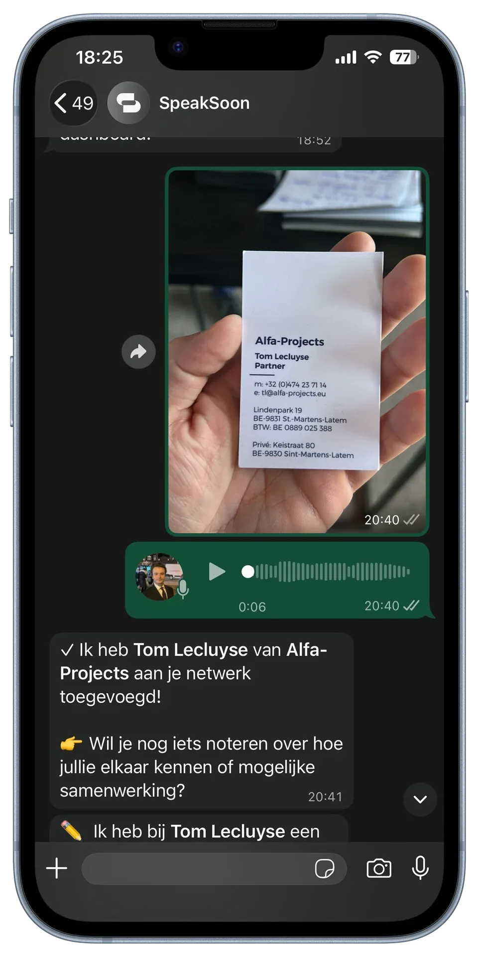 SpeakSoon conversation in WhatsApp